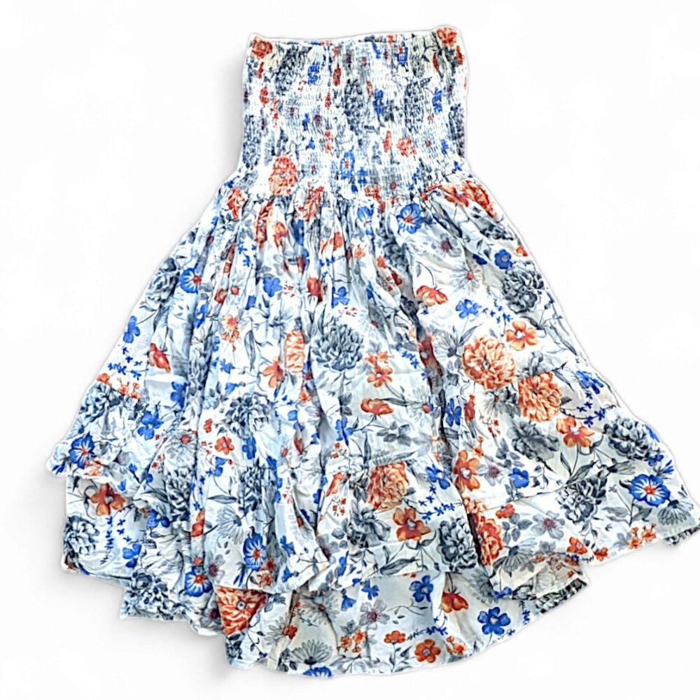 Size XS Jaase Maxi Dress Strapless Smocked Fit & Flare Boho Floral White Blue